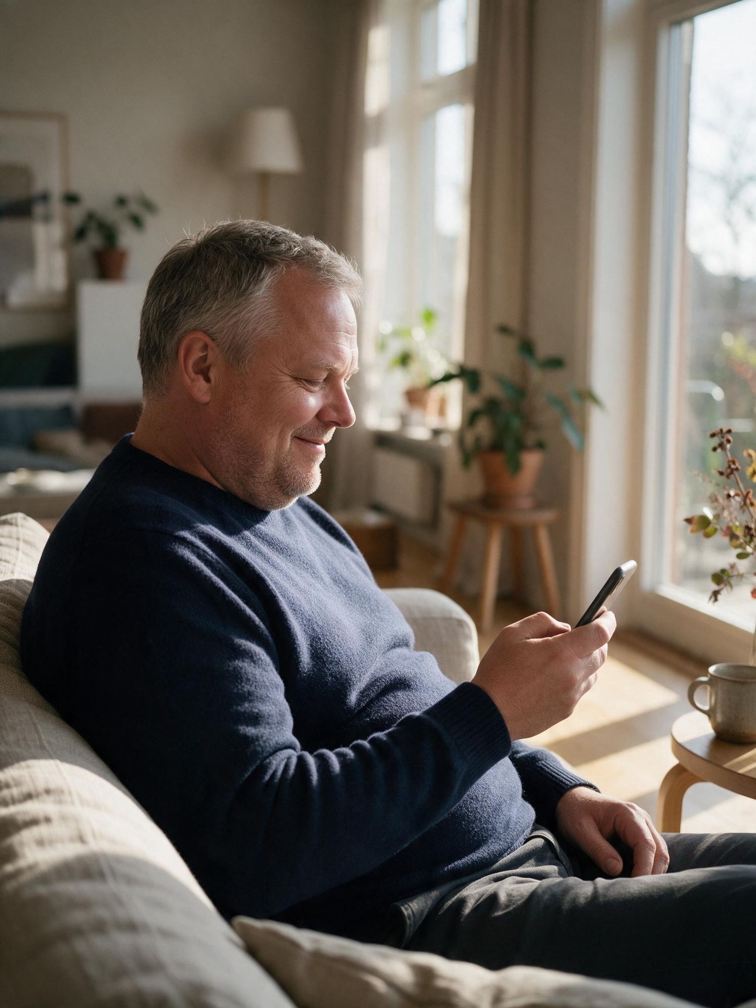 Man i soffan som ler mot sin telefon