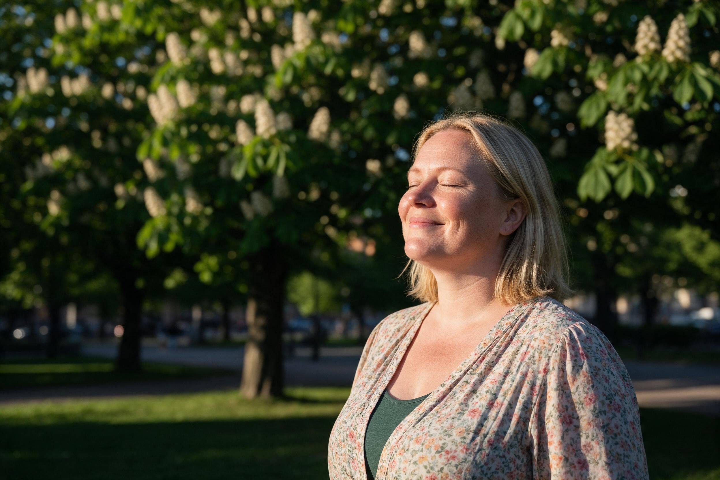 Kvinna med ansiktet vänt mot solen och ett lugnt leende