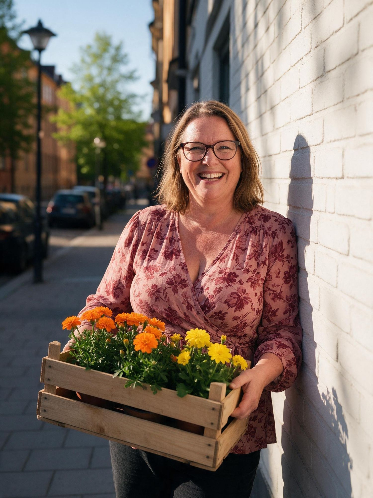 Kvinna med blommor i famnen, utomhus i solen