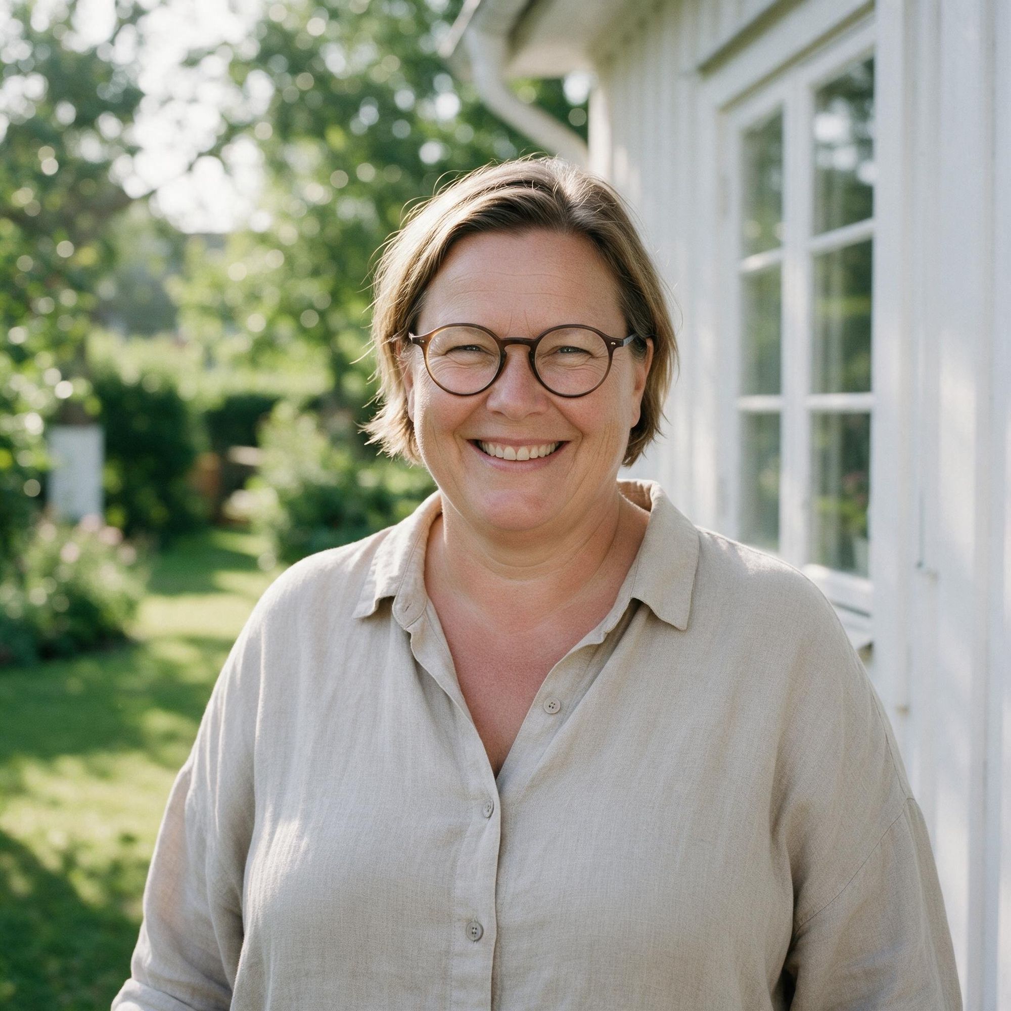 Kvinna med glasögon som ler i trädgården utanför sitt hus
